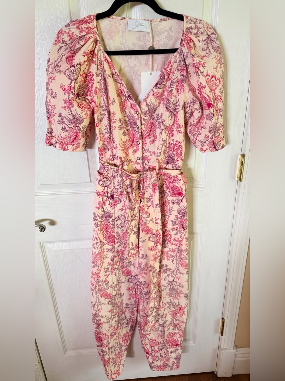 Pink & Cream Floral Button-Front Jumpsuit with Tie Waist
